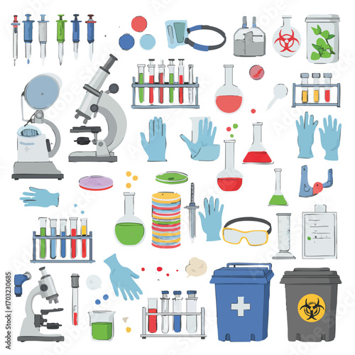A comprehensive illustration featuring various laboratory equipment and scientific tools for research and experimentation.