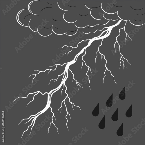 Dramatic lightning storm with rain and dark ominous clouds in the sky.