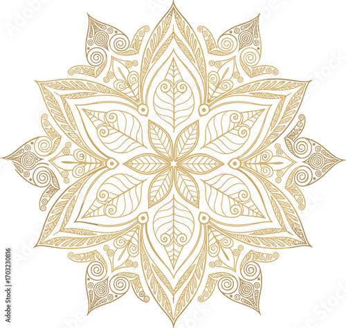 Golden mandala with floral and swirl motifs in symmetrical radial layout for decorative, spiritual, and meditative vector design