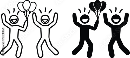 Celebration Icons. Black and White Vector Illustrations. Two People Smiling and Dancing with Balloons. Party, Congratulations on the Important Event. Reward Concept

