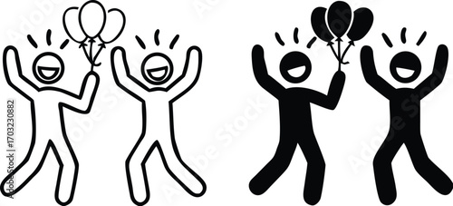 Celebration Icons. Black and White Vector Illustrations. Two People Smiling and Dancing with Balloons. Party, Congratulations on the Important Event. Reward Concept

