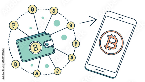 Cryptocurrency Wallet and Mobile Phone Bitcoin Transaction.