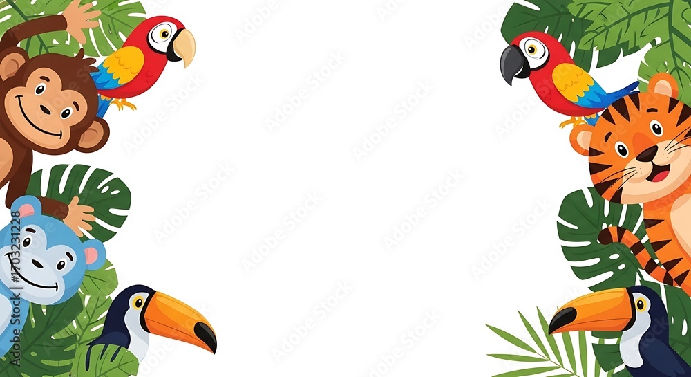 Fototapeta premium Cartoon Jungle Animals Border with Tropical Leaves Illustration