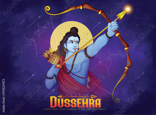 Lord Rama with Bow and Arrow for Dussehra Celebration  symbolizing courage, virtue, and the triumph of good over evil on the auspicious occasion of Dussehra.