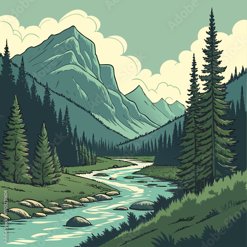 Majestic mountains overlook a river in a forest