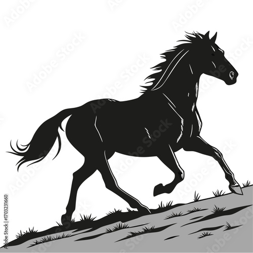 Elegant black horse galloping uphill silhouette against white background.