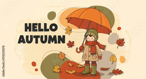 Adobe illustrator artwork vector illustration of a cute kid in autumn attire holding an umbrella, surrounded by falling leaves. Perfect for seasonal designs