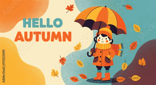 Adobe illustrator artwork vector illustration of a cute kid in autumn attire holding an umbrella, surrounded by falling leaves. Perfect for seasonal designs