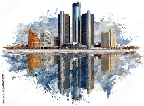 Detroit skyline reflected, winter scene, artistic