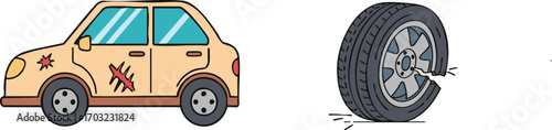 Damaged car sits beside a flat tire, symbolizing vehicle breakdown and the need for repair in a roadside emergency, creating a sense of inconvenience and automotive trouble.
