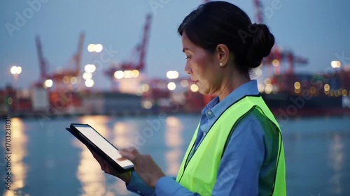 Wallpaper Mural Port Authority Supervisor Using Tablet at Dusk for Enhanced Operations Control Torontodigital.ca