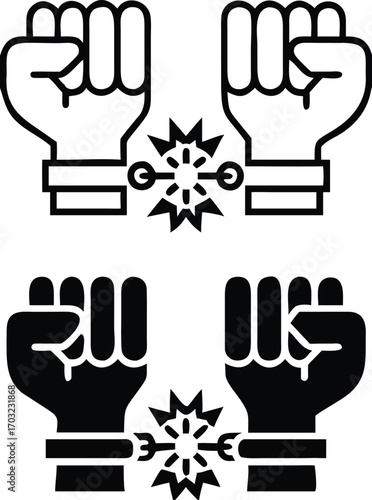 Freedom Icons. Black and White Vector Illustrations. Man in Handcuffs Breaks the Chain. Act According to Own Choice and Inner Beliefs, Independence. Concept Justice

