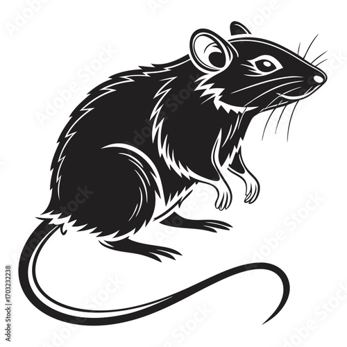 A detailed black silhouette of a rat with a long tail and whiskers.