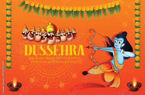 Lord Rama with Bow and Arrow for Dussehra Celebration  symbolizing courage, virtue, and the triumph of good over evil on the auspicious occasion of Dussehra.