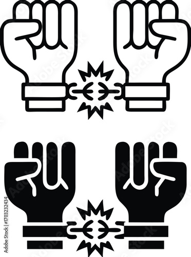 Freedom Icons. Black and White Vector Illustrations. Man in Handcuffs Breaks the Chain. Act According to Own Choice and Inner Beliefs, Independence. Concept Justice


