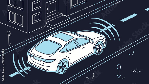Autonomous car driving on a street with sensor waves.