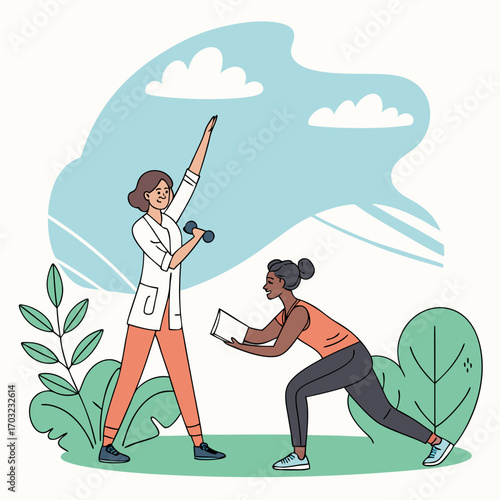 Physical therapist guiding patient in outdoor exercise with dumbbells