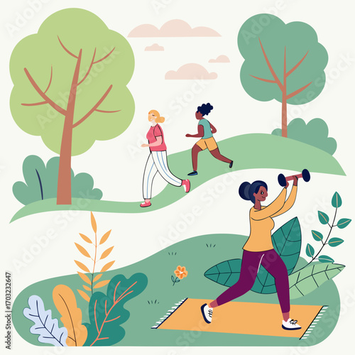 People exercising outdoors in a park setting