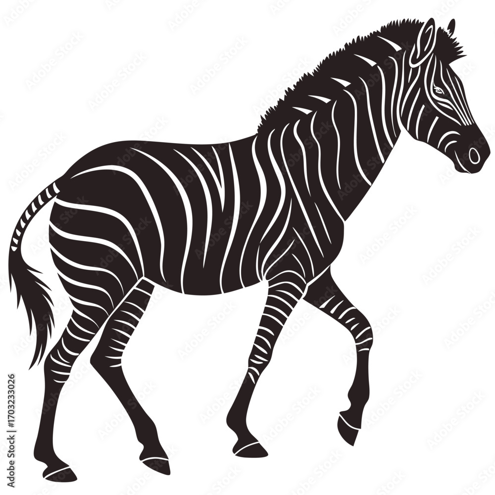 Fototapeta premium Elegant zebra silhouette walking gracefully across the plains, a striking monochrome image.