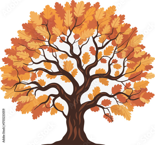 Vibrant autumn oak tree with falling leaves and warm orange foliage vector hand drawn