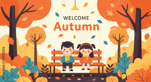 Adobe illustrator artwork vector illustration of a boy and girl sitting on a park bench under a street lamp in the autumn season. Great for backgrounds and seasonal designs