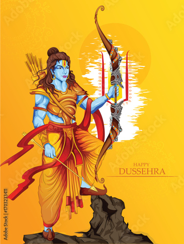 Lord Rama with Bow and Arrow for Dussehra Celebration  symbolizing courage, virtue, and the triumph of good over evil on the auspicious occasion of Dussehra.