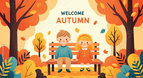 Adobe illustrator artwork vector illustration of a boy and girl sitting on a park bench under a street lamp in the autumn season. Great for backgrounds and seasonal designs