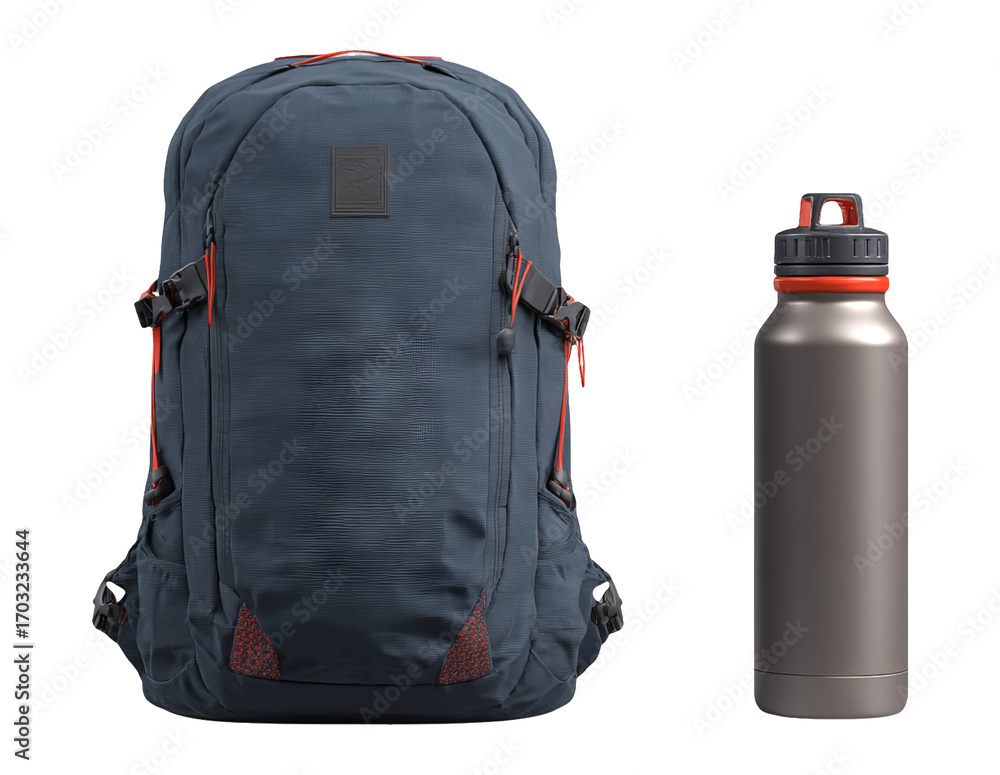 Fototapeta premium Stylish Backpack and Water Bottle on Transparent Background Isolated Image