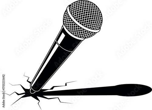 Dynamic microphone bursting through surface creating impact visual vector hand drawn