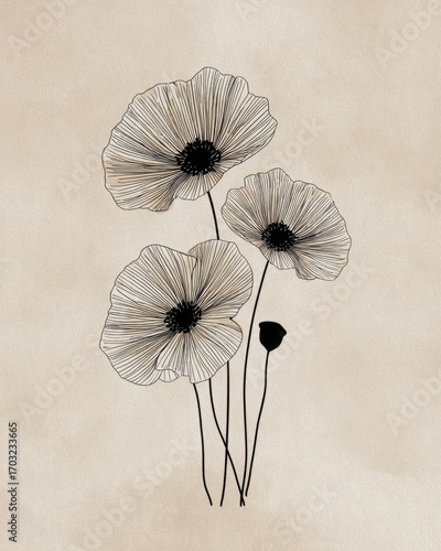 A minimalist illustration of three pale, stylized poppies with dark centers on a muted beige background, suggesting a delicate, botanical theme