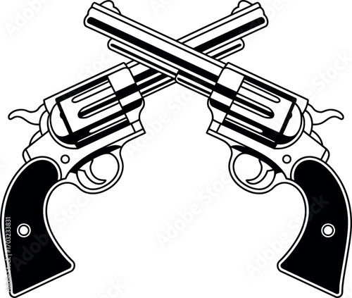 Vintage crossed revolver pistols western cowboy lawman duel symbol vector hand drawn