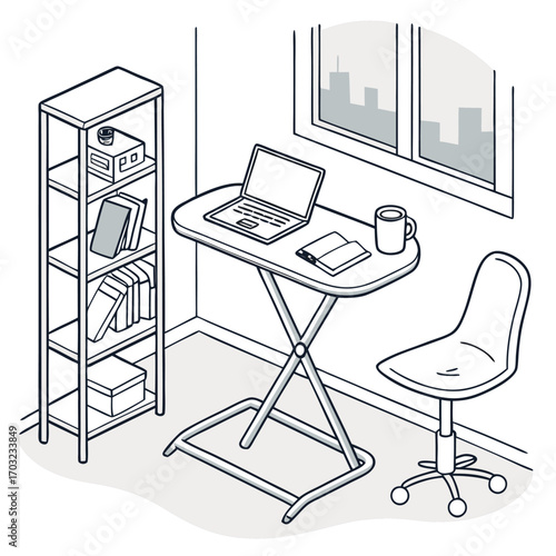 Minimalist home office setup with laptop and bookshelf