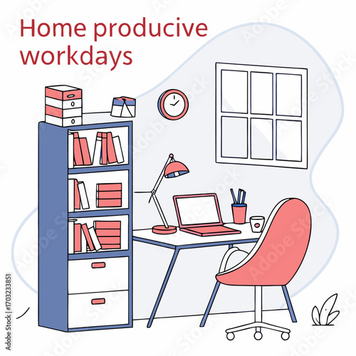 Home productive workdays with desk, chair, and bookshelf