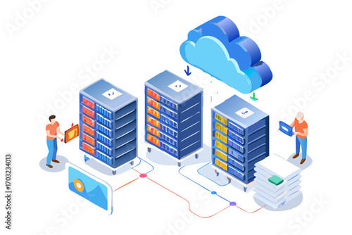 Isometric illustration of cloud computing and data center with servers and people working