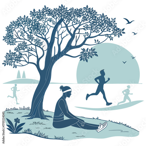 Silhouette of people exercising in a park under a tree