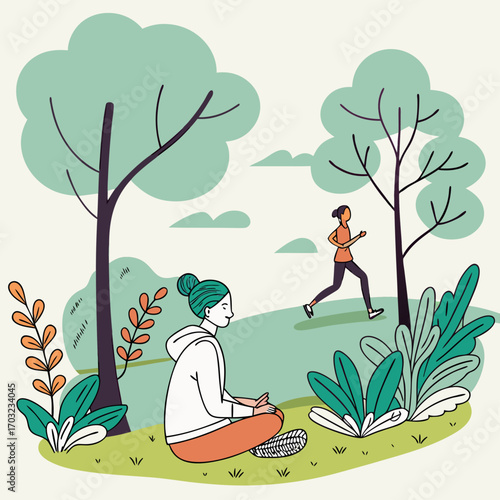Woman meditating in a park while a person runs nearby