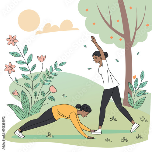 Two women doing yoga and exercise outdoors in a park