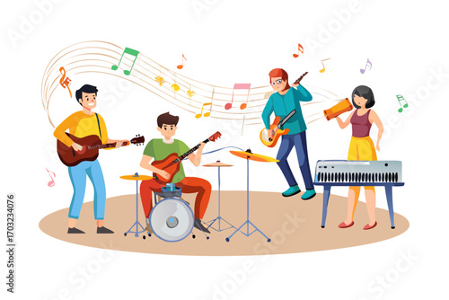 A diverse group of musicians performing together with guitars, drums, keyboard, and vocals