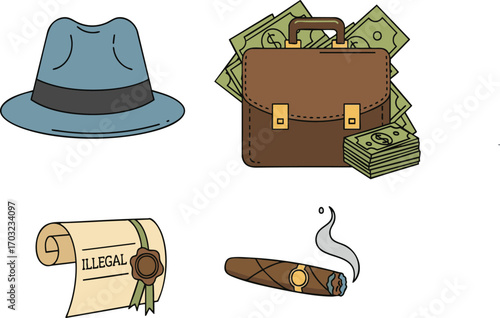 Gangster elements scattered on white surface depict organized crime with hat, money, contract, and cigar, creating a vintage and dangerous atmosphere.