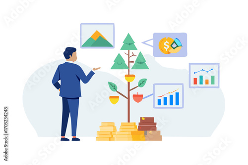 Businessman observing a money tree with fruits representing investments and financial growth