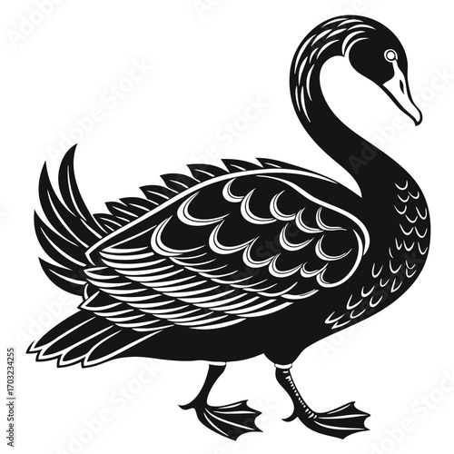 Elegant Black Swan Walking Silhouette Illustration.