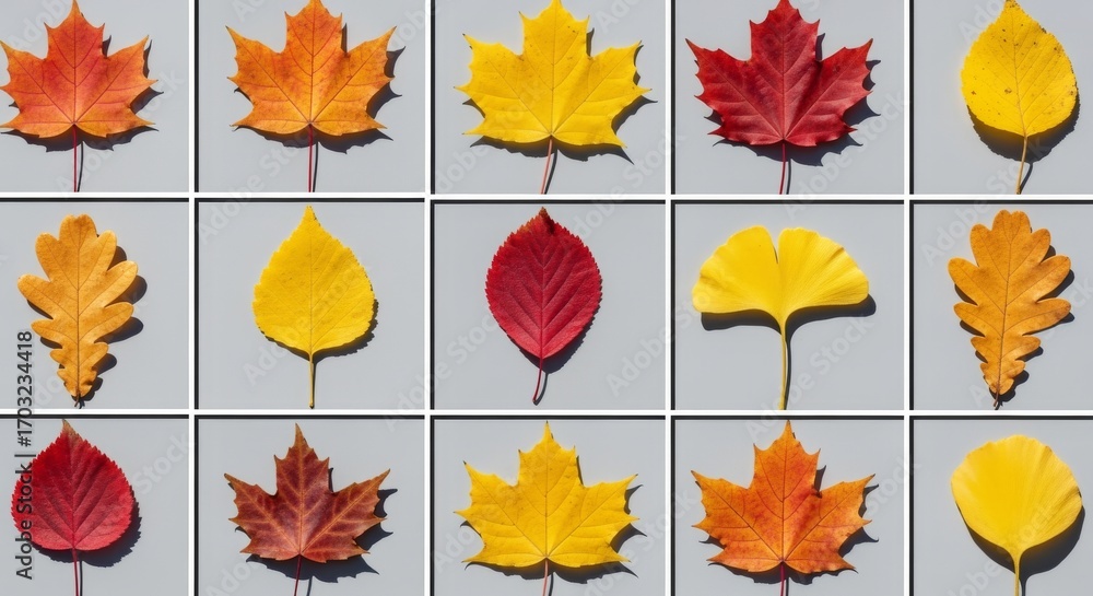 Obraz premium Exploring the Colors of Autumn: Nature's Beautiful Patterns in Yellow, Red, and Orange Foliage Leaves Arrangement