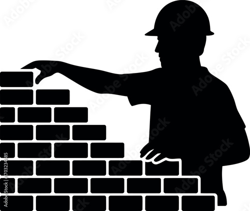 Construction worker building brick wall silhouette industrial labor man at work construction industry skilled trade development vector hand drawn