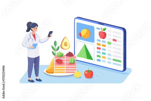 Doctor with smartphone and tablet showing healthy food options and a slice of cake