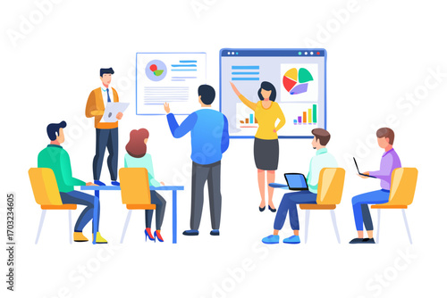Business people attending a presentation with charts and graphs on whiteboards in a modern office setting