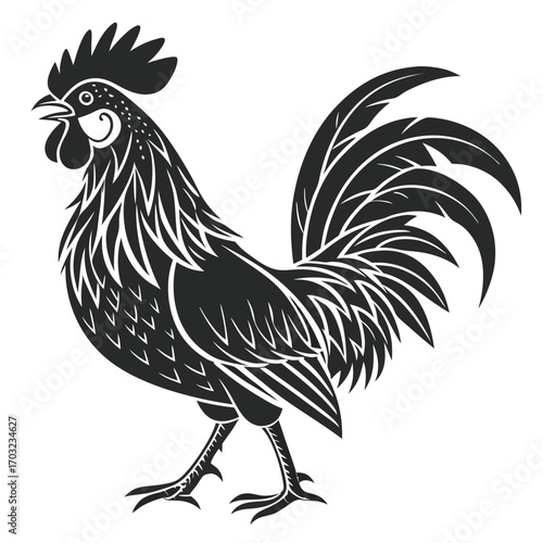 Detailed illustration of a proud rooster with intricate feather patterns and sharp details.