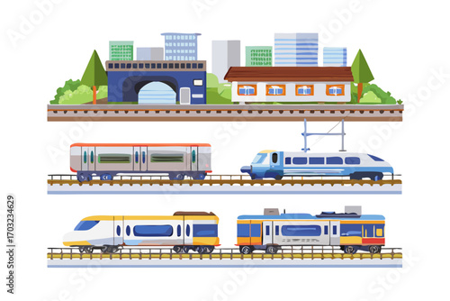 Modern city skyline with various trains on tracks, including highspeed and commuter trains, illustrating transportation and urban development