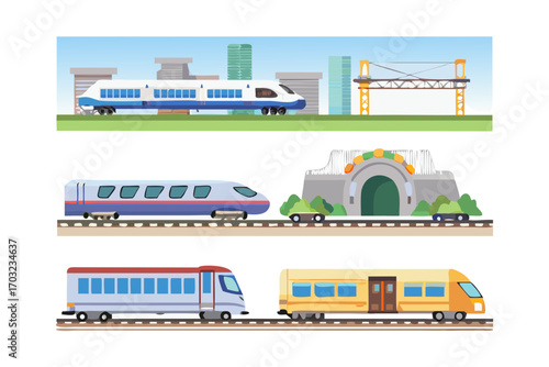 Diverse collection of trains at a station with a modern city backdrop, featuring highspeed rail, passenger cars, and architectural elements