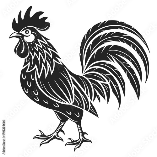 Detailed Rooster Illustration - Black and White Farm Animal Art.