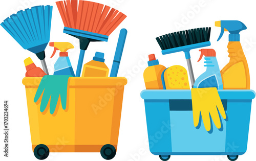 Professional cleaning supplies tools organized buckets for hygiene and sanitation services bright colors vector hand drawn